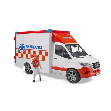 Ambulancia de juguete MB Sprinter de Bruder a escala 1:16 con conductor y camilla funcional.