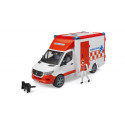 Ambulancia de juguete MB Sprinter de Bruder a escala 1:16 con conductor y camilla funcional.