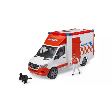Ambulancia de juguete MB Sprinter de Bruder a escala 1:16 con conductor y camilla funcional.
