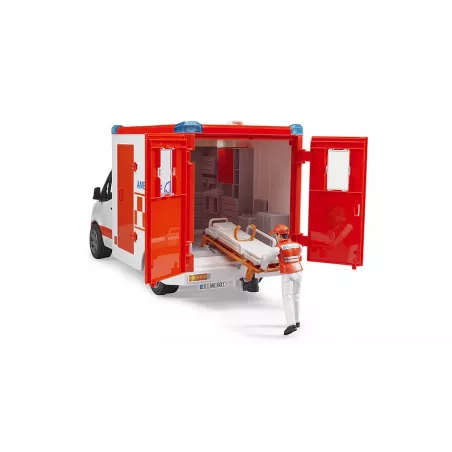 Ambulancia de juguete MB Sprinter de Bruder a escala 1:16 con conductor y camilla funcional.