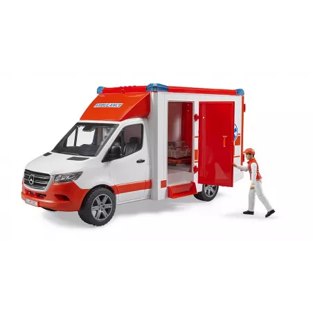 Ambulancia de juguete MB Sprinter de Bruder a escala 1:16 con conductor y camilla funcional.