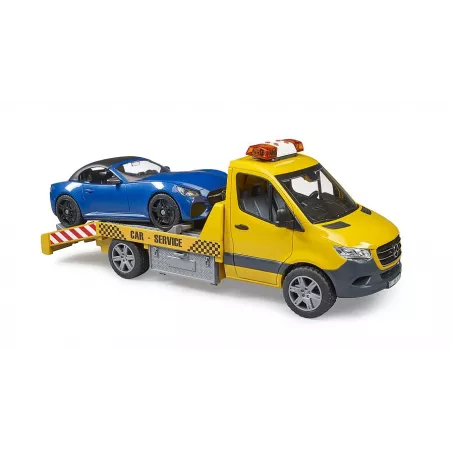 Portacoches de juguete Mercedes-Benz Sprinter de Bruder a escala 1:16 con luces, sonido y coche deportivo Roadster.