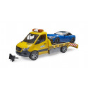 Portacoches de juguete Mercedes-Benz Sprinter de Bruder a escala 1:16 con luces, sonido y coche deportivo Roadster.