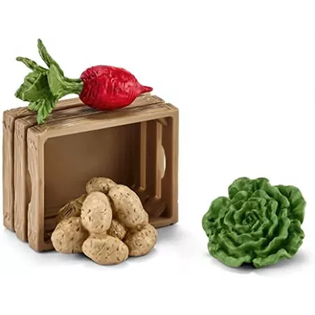 Set de juguete Schleich de comida para cerdos con remolacha, patatas, ensalada y comedero de granja.