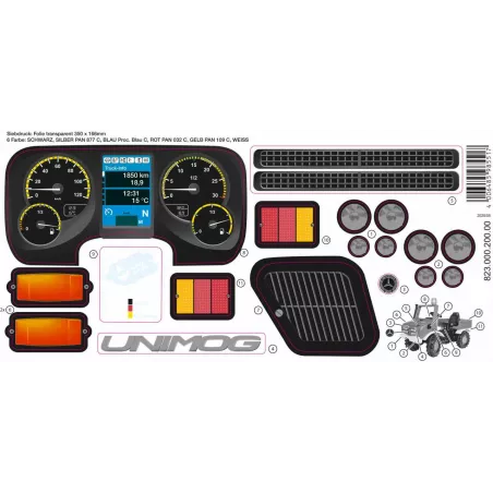 Set de adhesivos oficiales para tractor de juguete Rolly Toys Unimog, resistentes y de ajuste preciso.