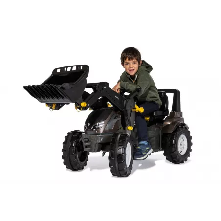 Tractor a pedales RollyFarmtrac Premium II Valtra con pala frontal para niños de 3 a 8 años.