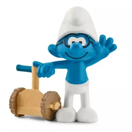 Figura de Pitufo veloz de Schleich azul montando un escúter de juguete para coleccionistas.