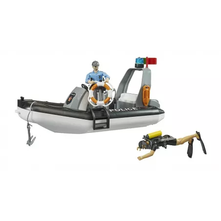 Bote de policía de juguete BRUDER escala 1:16 con figuras de policía, buceador bworld y accesorios.
