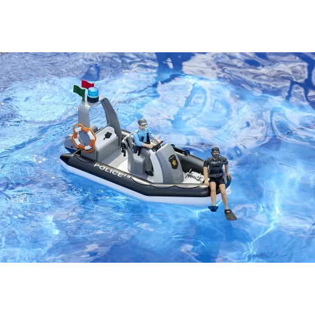 Bote de policía de juguete BRUDER escala 1:16 con figuras de policía, buceador bworld y accesorios.