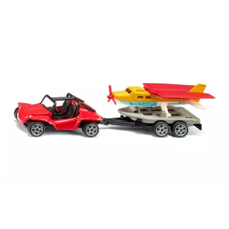 Buggy de juguete de metal con remolque y avión deportivo Siku de alas plegables.