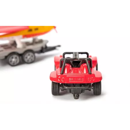 Buggy de juguete de metal con remolque y avión deportivo Siku de alas plegables.
