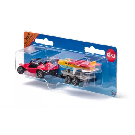 Buggy de juguete de metal con remolque y avión deportivo Siku de alas plegables.