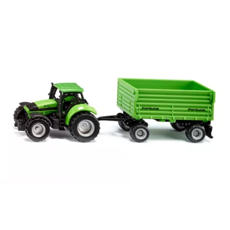 Tractor de juguete Deutz-Fahr verde con remolque basculante Fortuna de SIKU