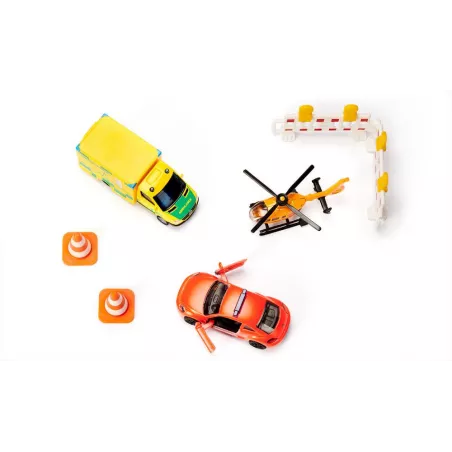 Set de rescate de juguete Siku con ambulancia, helicóptero y furgoneta de emergencias.