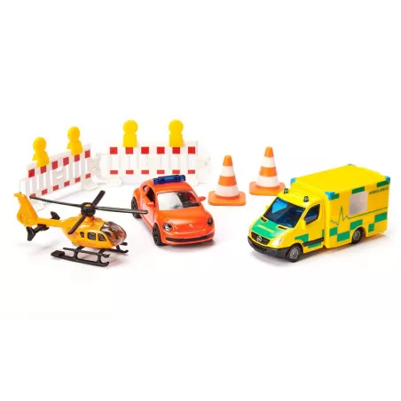 Set de rescate de juguete Siku con ambulancia, helicóptero y furgoneta de emergencias.
