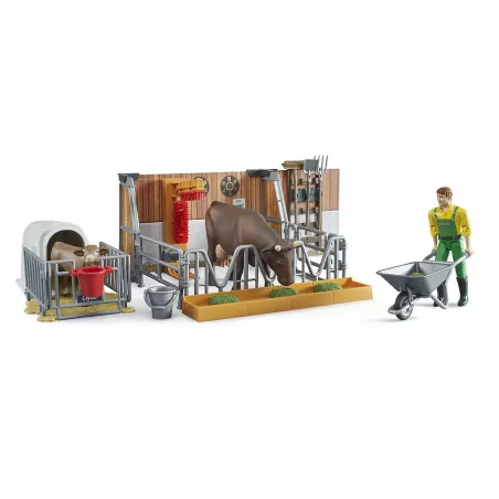 Establo de vacas y terneros de juguete bworld Bruder con figura de agricultor y accesorios a escala 1:16.