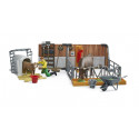 Establo de vacas y terneros de juguete bworld Bruder con figura de agricultor y accesorios a escala 1:16.