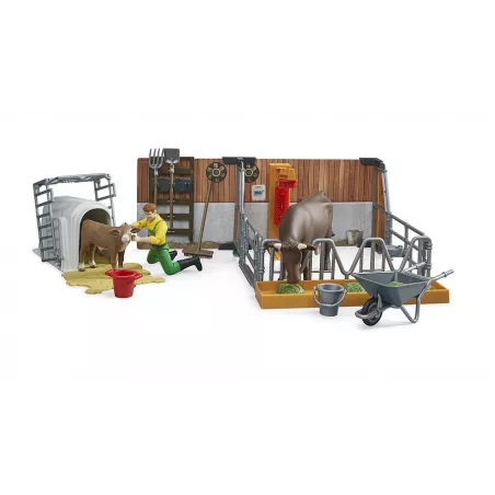 Establo de vacas y terneros de juguete bworld Bruder con figura de agricultor y accesorios a escala 1:16.