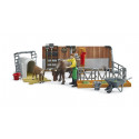 Establo de vacas y terneros de juguete bworld Bruder con figura de agricultor y accesorios a escala 1:16.