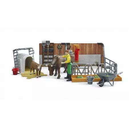 Establo de vacas y terneros de juguete bworld Bruder con figura de agricultor y accesorios a escala 1:16.