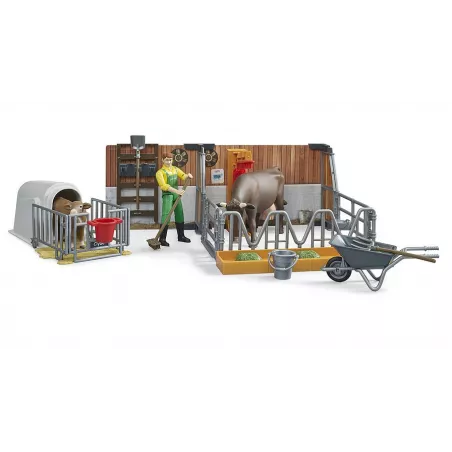 Establo de vacas y terneros de juguete bworld Bruder con figura de agricultor y accesorios a escala 1:16.