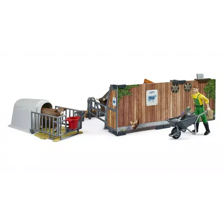 Establo de vacas y terneros de juguete bworld Bruder con figura de agricultor y accesorios a escala 1:16.