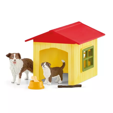 Caseta de perro de juguete Schleich con perra pastor australiano, cachorro y accesorios de Farm World.