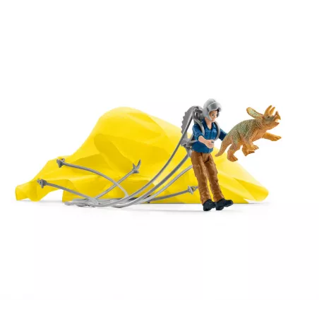 Set de juguete de rescate de dinosaurios con paracaídas funcional y figura de bebé Triceratops.