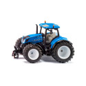Tractor de juguete New Holland T7.315 HD de Siku a escala 1:32 en metal azul con cabina desmontable.
