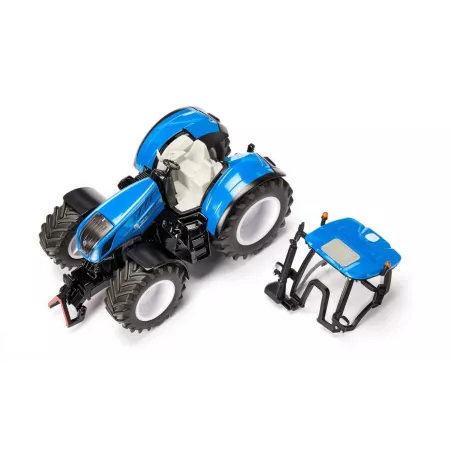 Tractor de juguete New Holland T7.315 HD de Siku a escala 1:32 en metal azul con cabina desmontable.