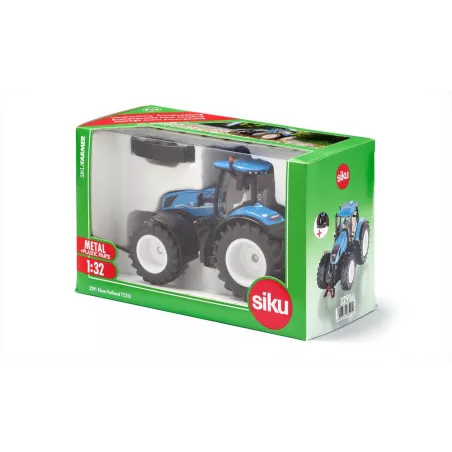 Tractor de juguete New Holland T7.315 HD de Siku a escala 1:32 en metal azul con cabina desmontable.