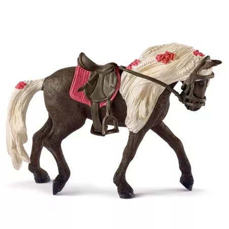 Yegua Rocky Mountain de Schleich de juguete con silla de montar y brida detallada.