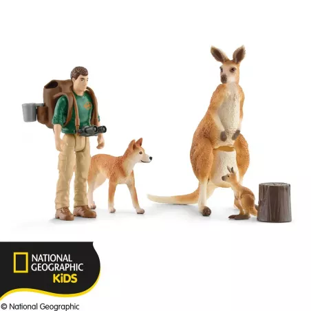 Set de juego Schleich del desierto australiano con figuras realistas de canguro y dingo para niños.