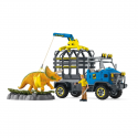 Camión de juguete para rescate de dinosaurios con rampa de transporte y diseño realista.
