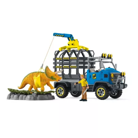 Camión de juguete para rescate de dinosaurios con rampa de transporte y diseño realista.