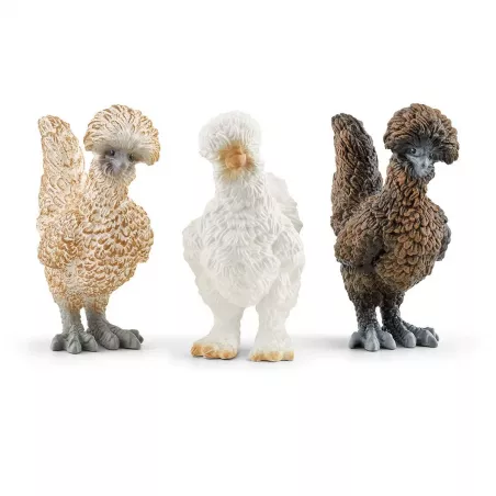 Tres figuras de gallinitas de juguete Schleich Farm World detalladas y realistas para niños.