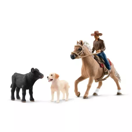 Set de equitación del oeste Schleich con jinete y caballo de juguete para monta western.