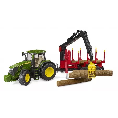 Tractor de juguete John Deere 7R 350 a escala 1:16 con remolque forestal y cuatro troncos de madera Bruder.