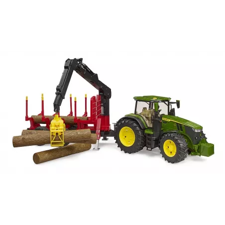 Tractor de juguete John Deere 7R 350 a escala 1:16 con remolque forestal y cuatro troncos de madera Bruder.