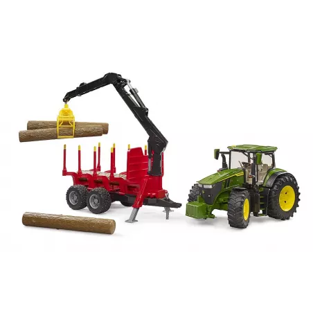 Tractor de juguete John Deere 7R 350 a escala 1:16 con remolque forestal y cuatro troncos de madera Bruder.