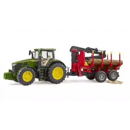 Tractor de juguete John Deere 7R 350 a escala 1:16 con remolque forestal y cuatro troncos de madera Bruder.