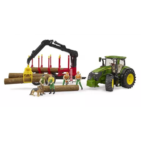 Tractor de juguete John Deere 7R 350 a escala 1:16 con remolque forestal y cuatro troncos de madera Bruder.