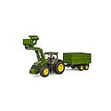 Tractor de juguete John Deere 7R 350 con pala frontal y remolque basculante Bruder.