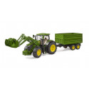 Tractor de juguete John Deere 7R 350 con pala frontal y remolque basculante Bruder.