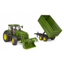 Tractor de juguete John Deere 7R 350 con pala frontal y remolque basculante Bruder.