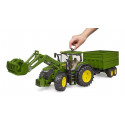 Tractor de juguete John Deere 7R 350 con pala frontal y remolque basculante Bruder.