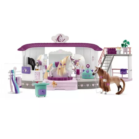 Salón de belleza Schleich para caballos de juguete con estrado de exhibición y accesorios para cambiar crines.