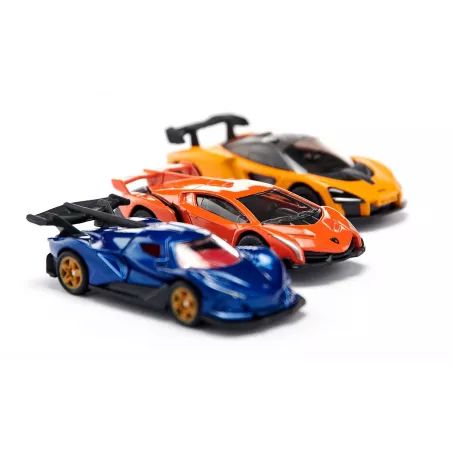 Set de superdeportivos Siku con miniaturas de Lamborghini Veneno, Apollo IE y McLaren Senna de juguete.