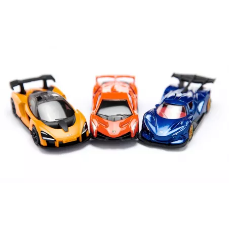 Set de superdeportivos Siku con miniaturas de Lamborghini Veneno, Apollo IE y McLaren Senna de juguete.