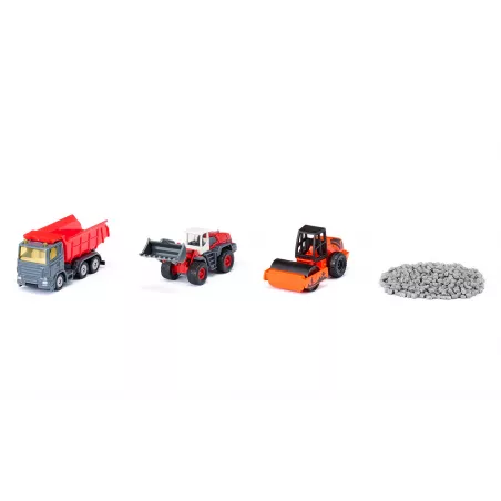 Set de construcción de carreteras Siku con camión de juguete y maquinaria pesada de metal.